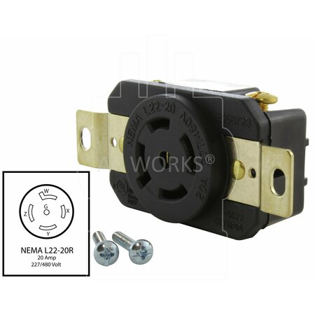 Ac Works 20A 277/480V NEMA L22-20R Flush Mount Locking Industrial Grade Receptacle FML2220R